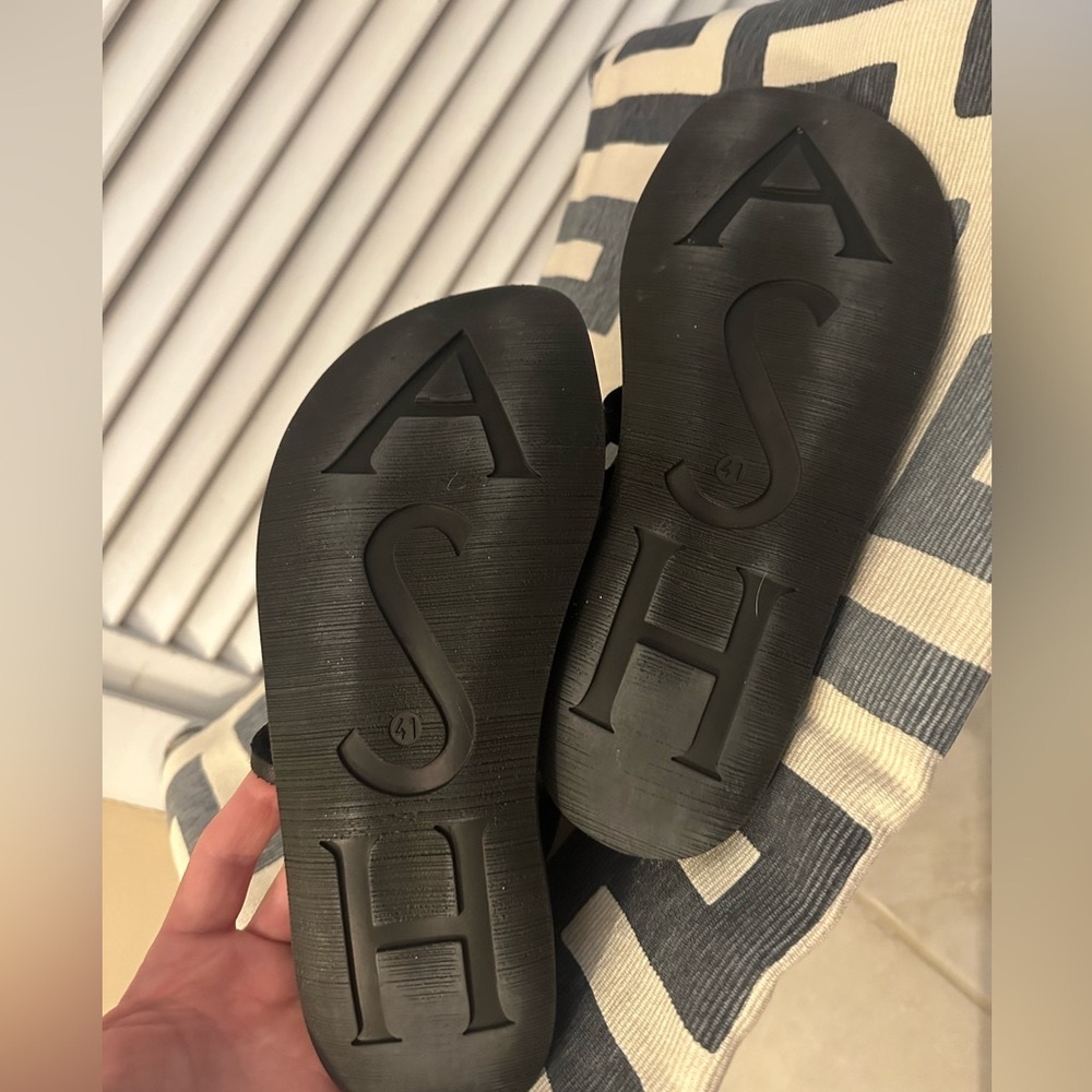 Ash Brand sandals. Black leather strap sandal with zipper closure in back.
